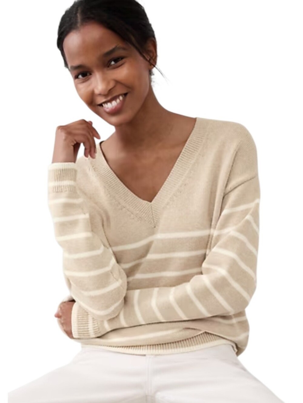 Banana Republic Khaki‎ Tan & White Striped V-Neck Sweater Size Medium